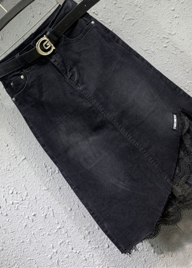 Beautiful Black Lace Pockets Patchwork Denim Skirt Fall