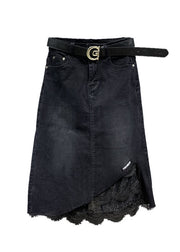 Beautiful Black Lace Pockets Patchwork Denim Skirt Fall
