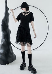 Beautiful Black O-Neck Asymmetrical Design Tulle Cotton Mid Dress Summer