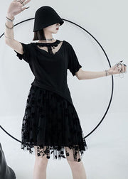 Beautiful Black O-Neck Asymmetrical Design Tulle Cotton Mid Dress Summer