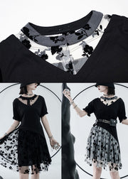 Schönes schwarzes asymmetrisches Design mit O-Ausschnitt, Tüll, Baumwolle, mittelgroßes Sommerkleid