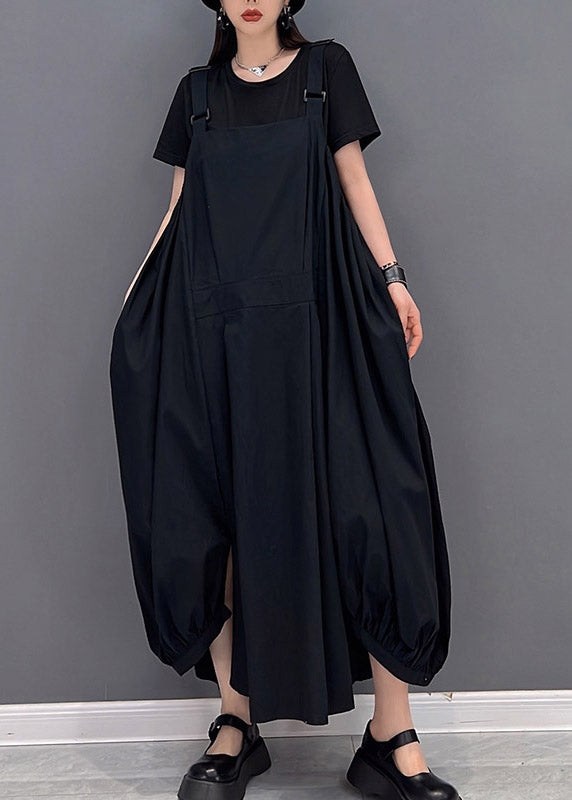 Schöne schwarze O-Neck asymmetrische Taschen lange Kleider ärmellos