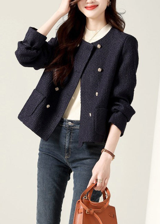 Beautiful Black O Neck Double Breast Patchwork Cotton Coats Fall