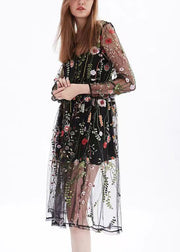 Beautiful Black O-Neck Embroidered Tulle Two Pieces Set Long Sleeve