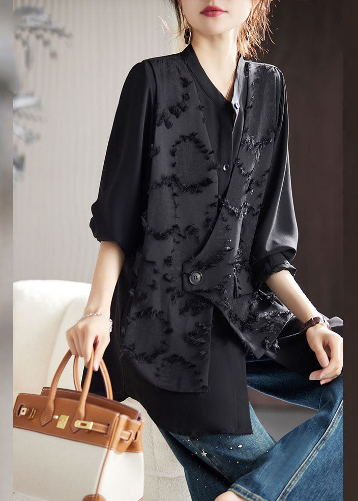 Beautiful Black O-Neck Floral Patchwork Fake Two Pieces Chiffon Top Fall