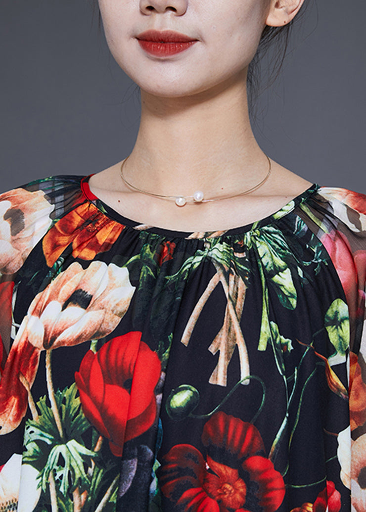 Beautiful Black O-Neck Floral Print Silk Dress Bracelet Sleeve