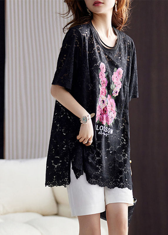 Beautiful Black O-Neck Print Hollow Out Lace Top Short Sleeve
