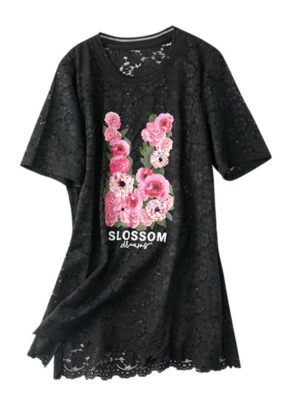 Beautiful Black O-Neck Print Hollow Out Lace Top Short Sleeve