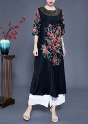 Beautiful Black O-Neck Print Silk Holiday Dress Half Sleeve