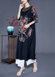 Beautiful Black O-Neck Print Silk Holiday Dress Half Sleeve