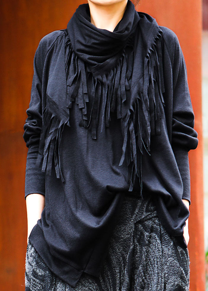 Beautiful Black O-Neck tasseled asymmetrical design Spring Tops Long sleeve