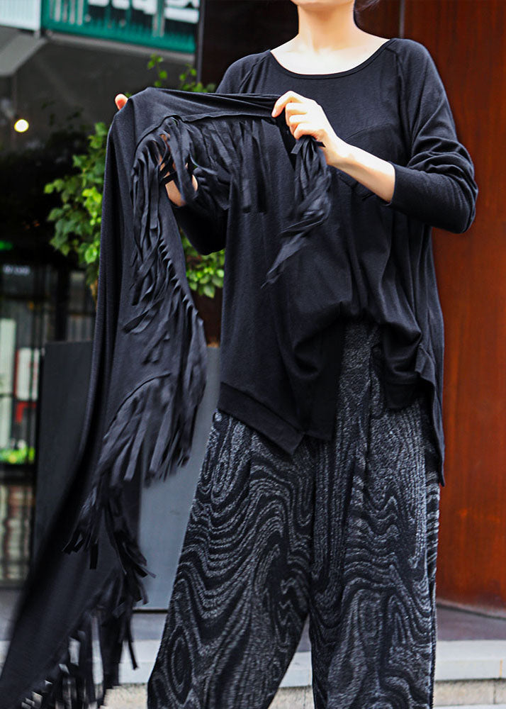 Beautiful Black O-Neck tasseled asymmetrical design Spring Tops Long sleeve