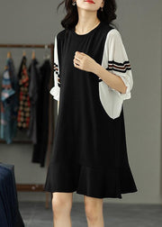 Beautiful Black Patchwork Batwing Sleeve Summer Cotton Dress - SooLinen