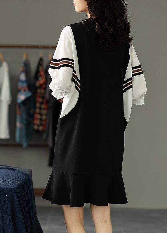 Beautiful Black Patchwork Batwing Sleeve Summer Cotton Dress - SooLinen