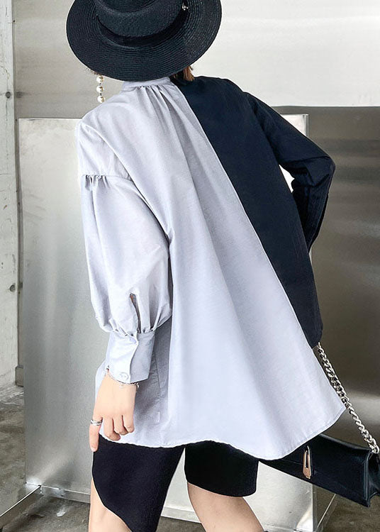 Beautiful Black Patchwork Button asymmetrical design Fall Long sleeve Shirt Top