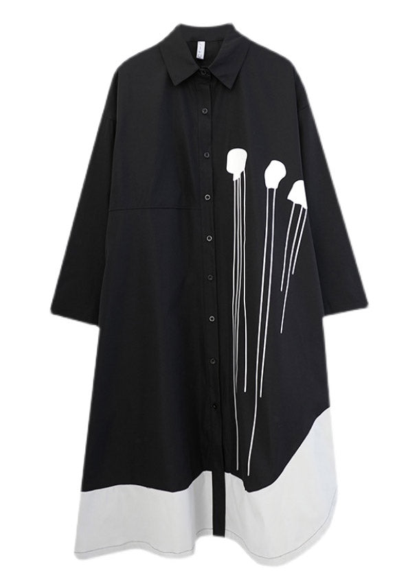 Schöne schwarze Peter-Pan-Kragen-Knopf-Patchwork-lange Kleider mit langen Ärmeln