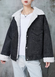 Beautiful Black Peter Pan Collar Patchwork Warm Fleece Denim Jacket Winter