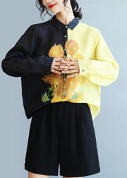 Schönes schwarzes Leinenhemd mit Peter-Pan-Kragen und Sonnenblumendruck