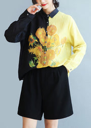 Beautiful Black Peter Pan Collar Sunflower Print Linen Shirt Fall