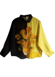 Beautiful Black Peter Pan Collar Sunflower Print Linen Shirt Fall