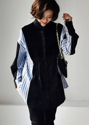 Beautiful Black Peter Pan Collar Wrinkled Striped Patchwork Low High Design Button Cotton Shirt Long Sleeve