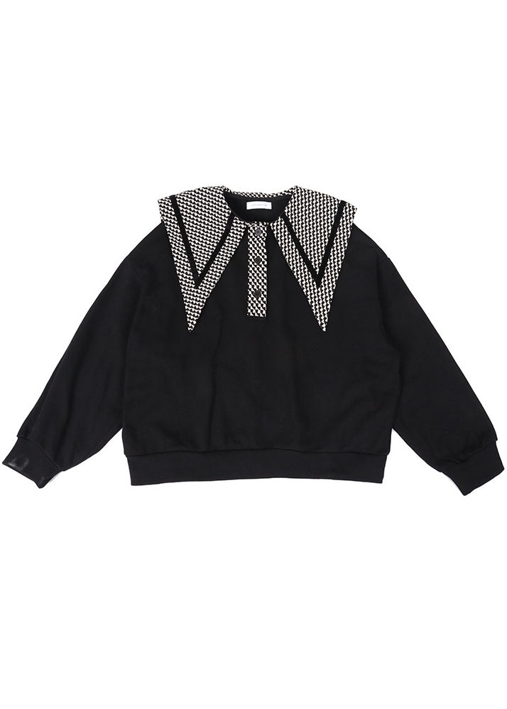 Beautiful Black PeterPan Collar Button Print Fall Loose Sweatshirts Top