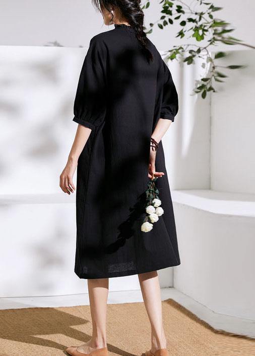 Beautiful Black Pockets Button Summer Linen Maxi Dresses Half Sleeve - SooLinen