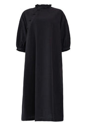 Beautiful Black Pockets Button Summer Linen Maxi Dresses Half Sleeve - SooLinen