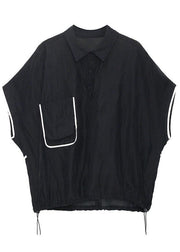 Beautiful Black Pockets Peter Pan Collar Button Cotton Top Summer - SooLinen