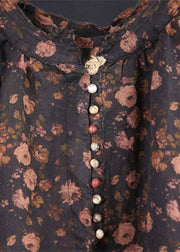 Beautiful Black Print Button Patchwork Linen Tops Spring