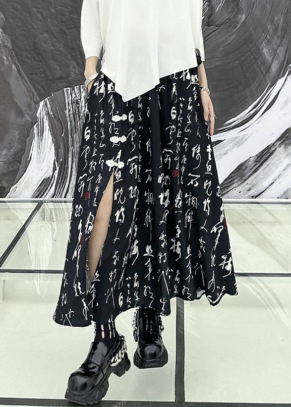 Beautiful Black Print Side Open Wrinkled Patchwork Cotton Skirts Summer