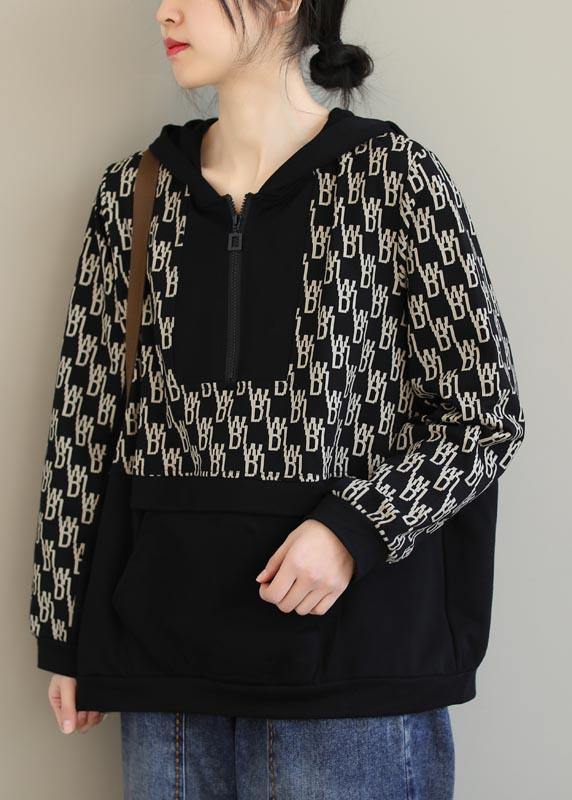 Beautiful Black Print Tunics For Women Hooded Pockets Spring Tops - SooLinen