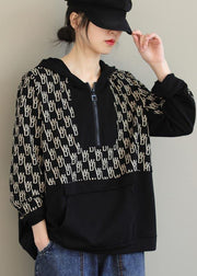 Beautiful Black Print Tunics For Women Hooded Pockets Spring Tops - SooLinen