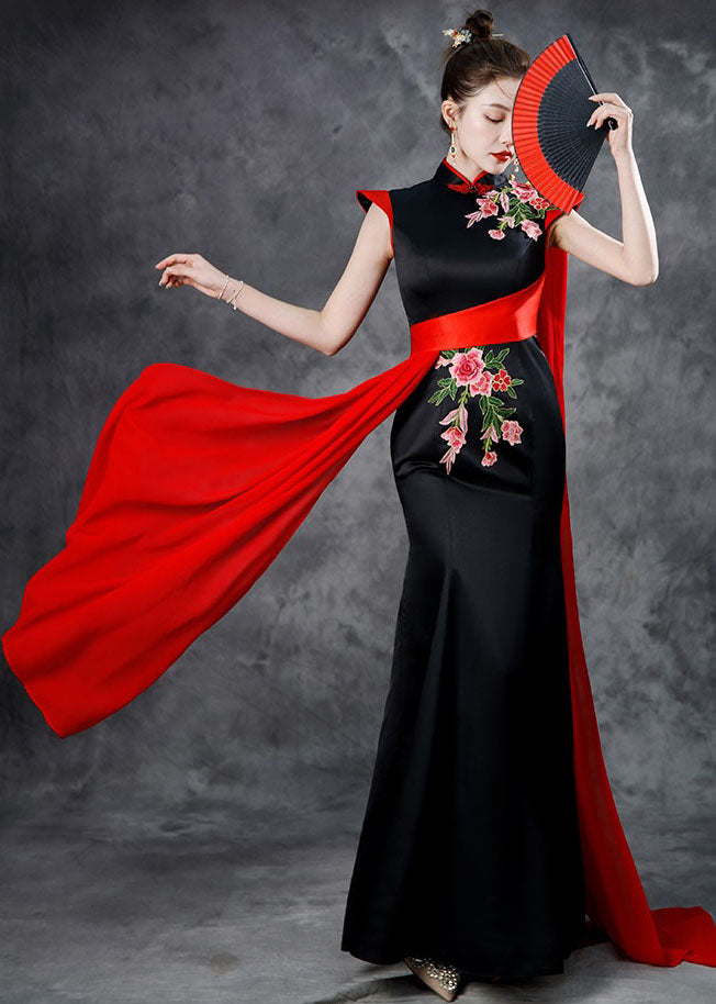 Beautiful Black Red Stand Collar Embroidered Ribbon Silk Maxi Fishtail Dresses Summer