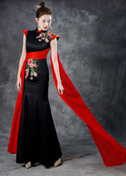 Beautiful Black Red Stand Collar Embroidered Ribbon Silk Maxi Fishtail Dresses Summer