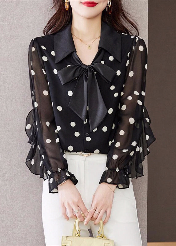 Beautiful Black Ruffled Dot Print Chiffon Shirts Spring