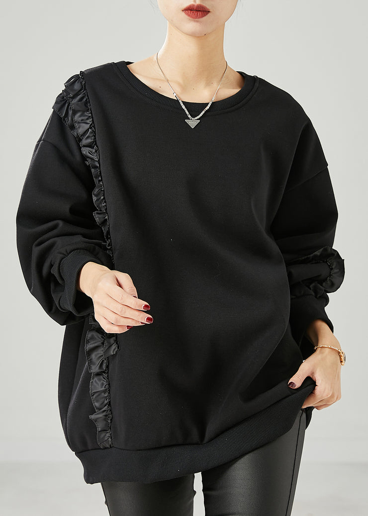 Beautiful Black Ruffled Patchwork Warm Fleece Sweatshirts Top Spring