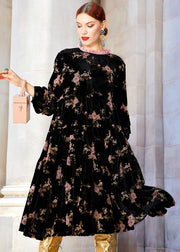 Beautiful Black Ruffled Print Wrinkled Silk Velour Long Dress Fall