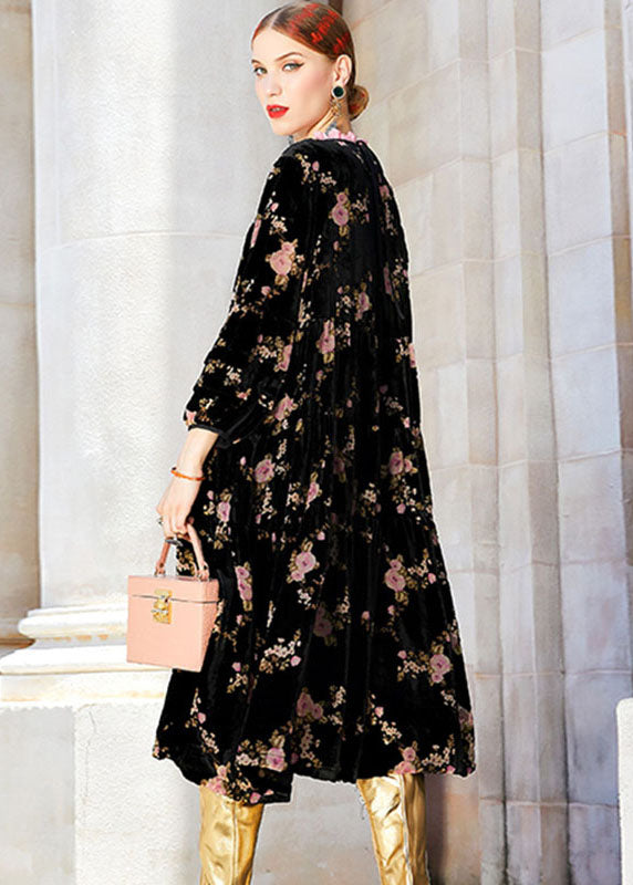 Beautiful Black Ruffled Print Wrinkled Silk Velour Long Dress Fall