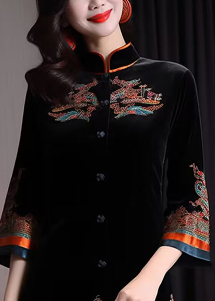 Beautiful Black Stand Collar Embroidered Button Silk Velour Coats Fall