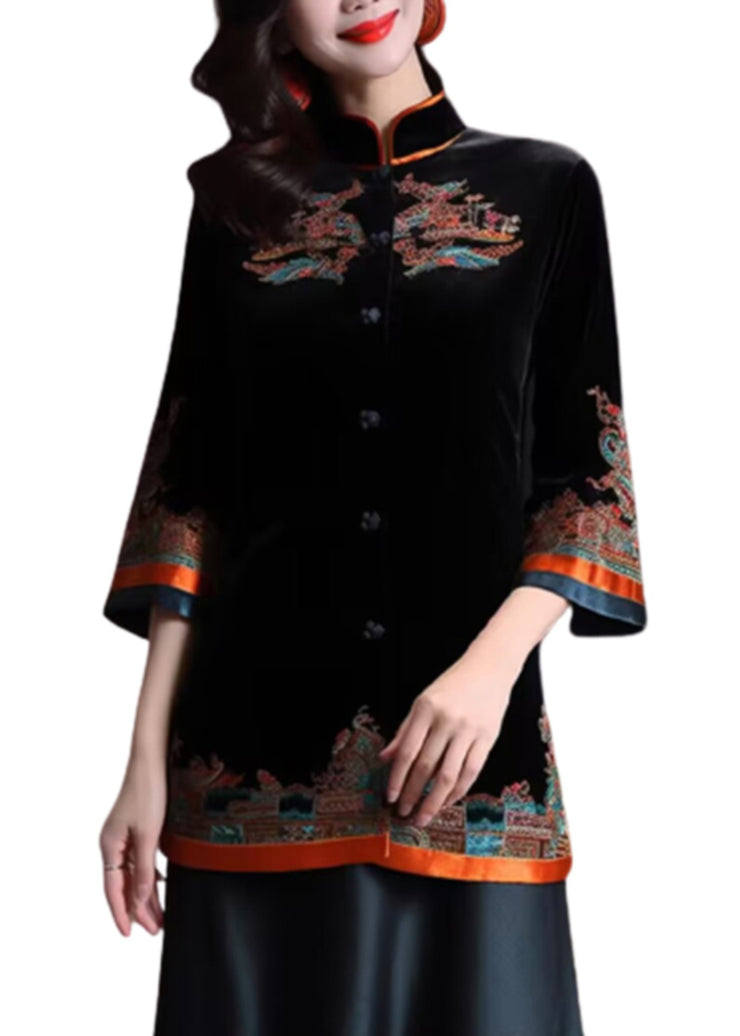 Beautiful Black Stand Collar Embroidered Button Silk Velour Coats Fall