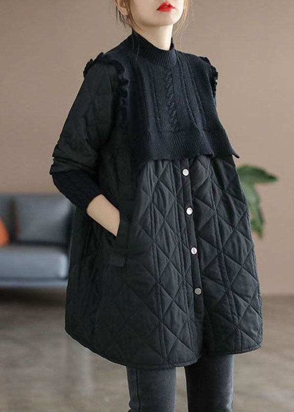 Schöne schwarze Stehkragen-Strick-Patchwork-Wintermäntel mit feiner Baumwolle