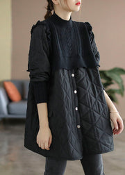 Beautiful Black Stand Collar Knit Patchwork Fine Cotton Filled Winter Coats