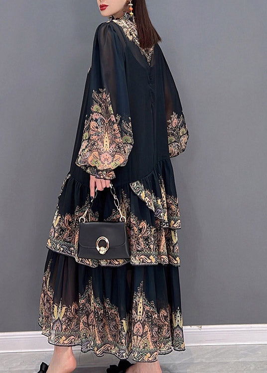 Beautiful Black Stand Collar Ruffled layered Print Chiffon Long Dress lantern sleeve