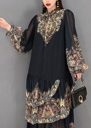 Beautiful Black Stand Collar Ruffled layered Print Chiffon Long Dress lantern sleeve
