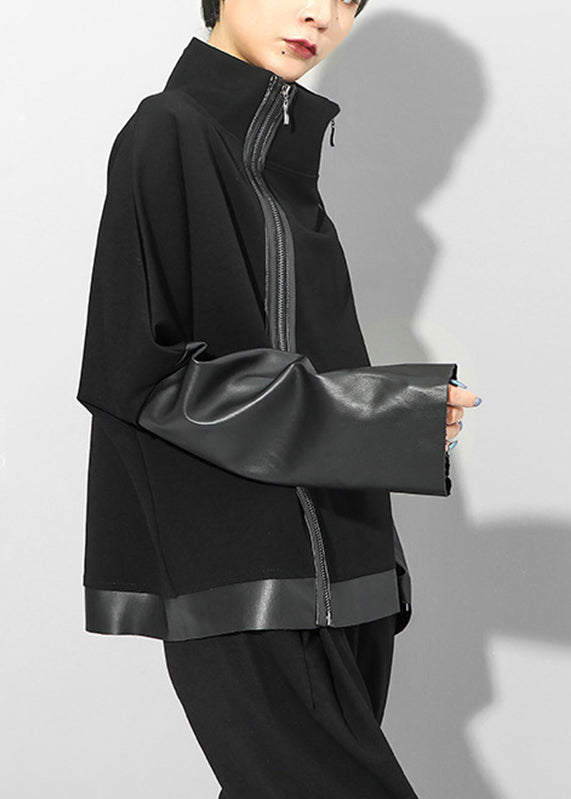 Schöner schwarzer Stehkragen mit Reißverschluss aus Kunstleder, Patchwork-Mantel mit langen Ärmeln