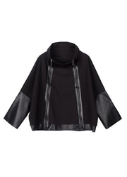 Beautiful Black Stand Collar Zip Up Faux Leather Patchwork Coat Long Sleeve