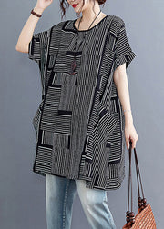 Beautiful Black Striped PatchworkLinen T Shirt Short Sleeve