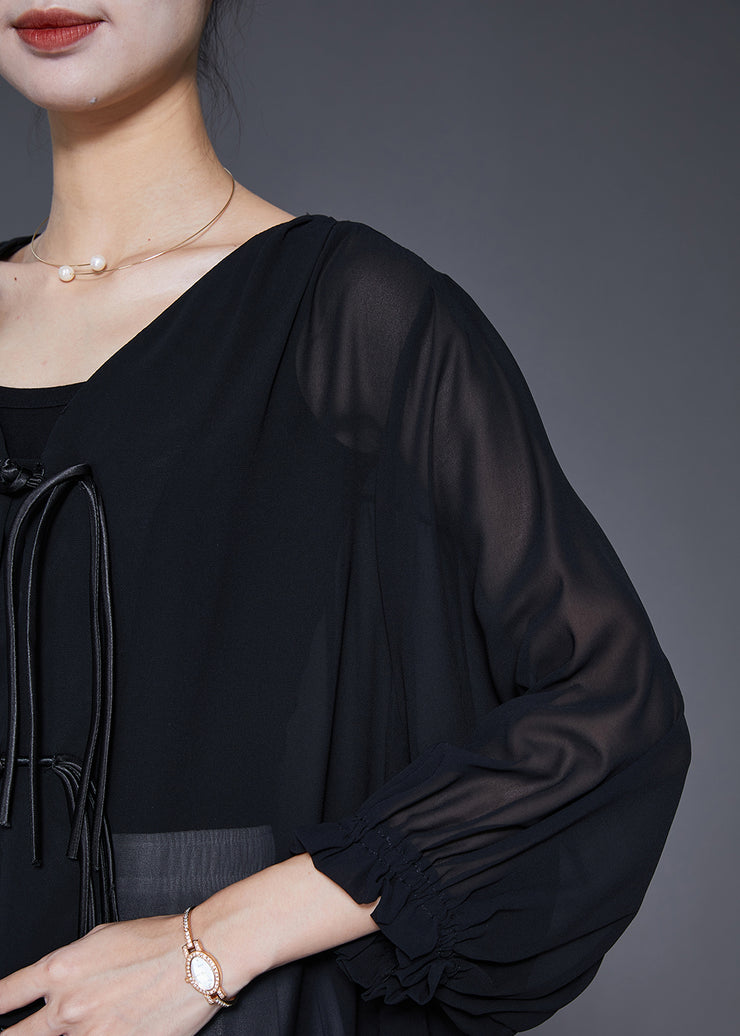 Beautiful Black Tasseled Chinese Button Chiffon Blouses Bracelet Sleeve