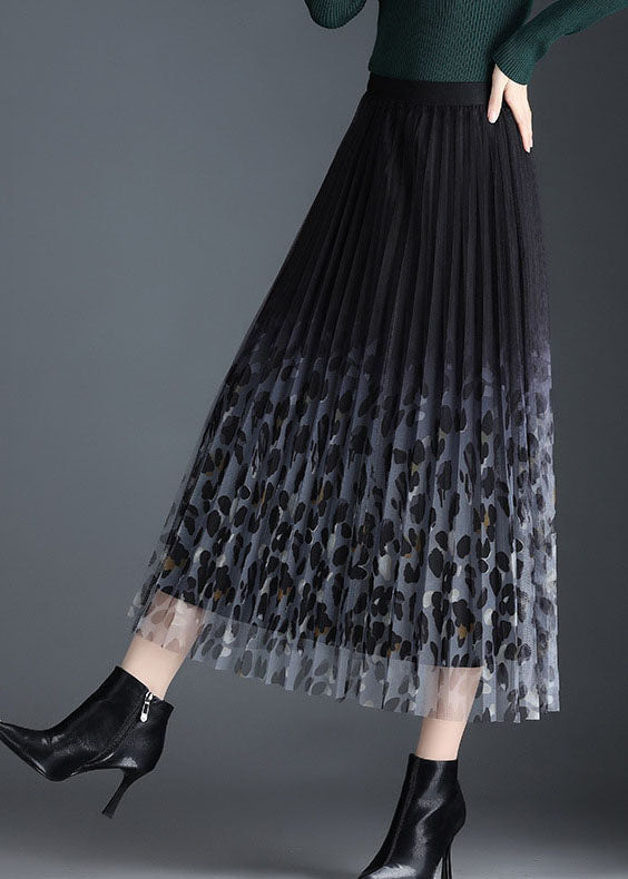 Beautiful Black Tulle Print Pleated Fall Skirt